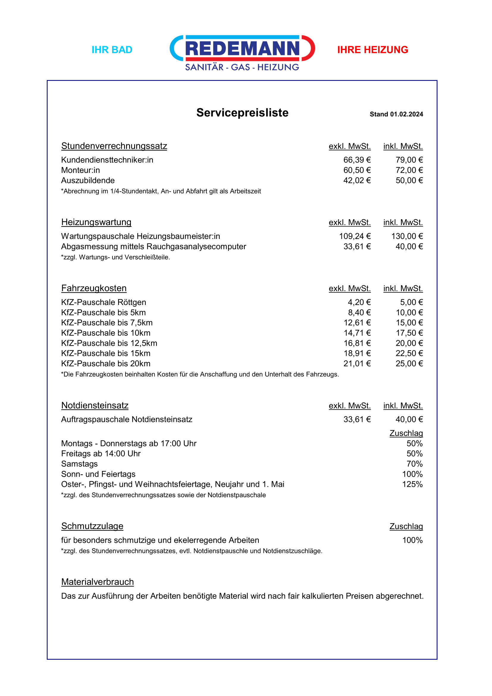 Servicepreisliste Stand 01.02.2024