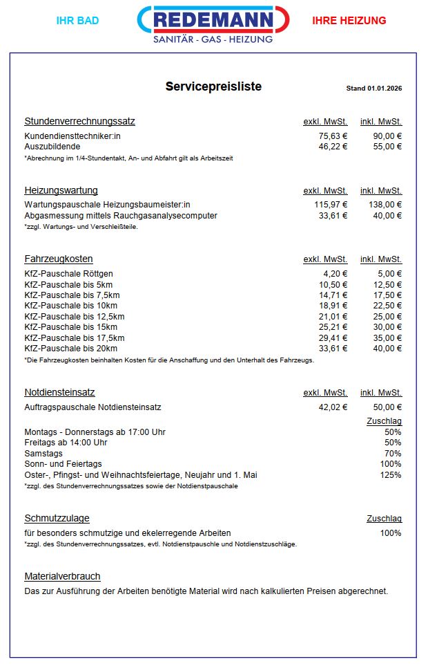 Eine Liste mit Servicepreisen in deutscher Sprache auf weißem Hintergrund mit roten Akzenten