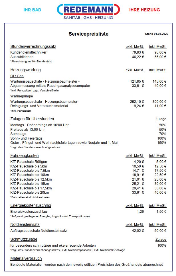 Servicepreisliste von Redemann mit blau roten Details und Tabelle